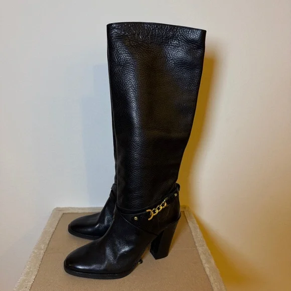 👢 Kate Spade Montreal Black Leather Chain Link Tall Boots 9.5M - Picture 7 of 10